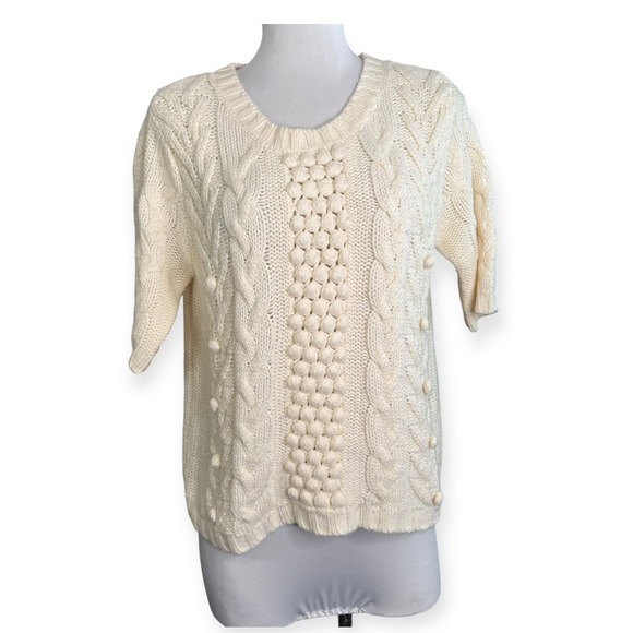 Apostrophe Womens Cable Knit Short Sleeve Sweater Top Cream Pom Pom Detail XL - Picture 1 of 3